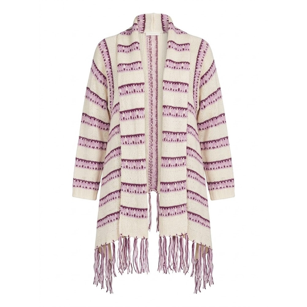 Venus Striped Fringe Open Front Cardigan Women 3X Cream Purple Boho Knit